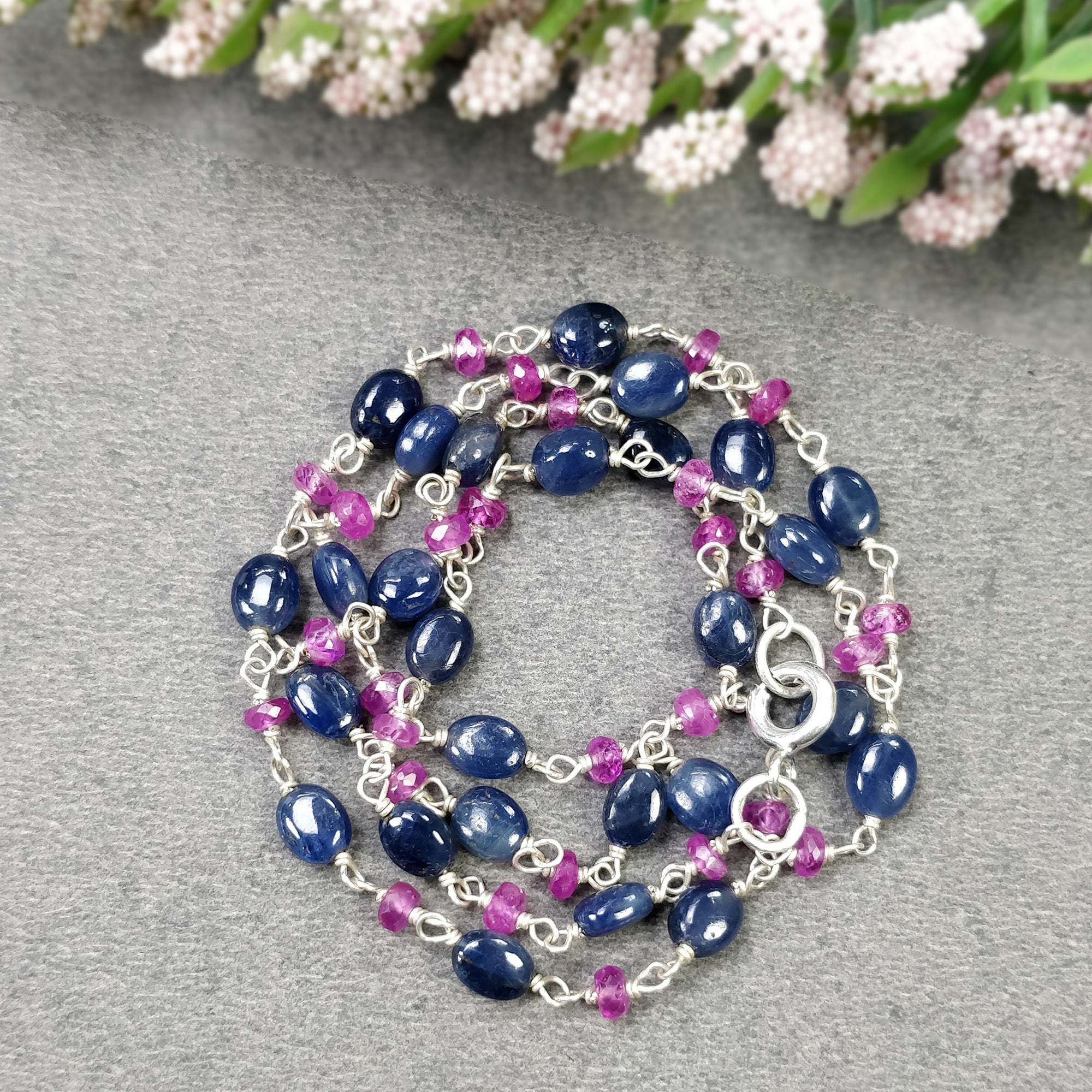 Natural Blue Sapphire & Burmese Ruby Gemstone Beads Necklace - 925 Sterling Silver Oval Cabochon Cut Statement Jewelry for Women | Perfect for Weddings, Parties & Special Occasions