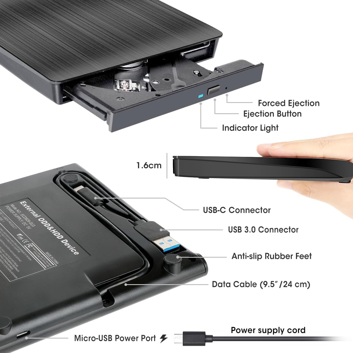 Portable USB 3.0 & USB-C External CD DVD Drive Burner - CD-ROM DVD±RW Optical Disc Reader Writer for Laptop PC Windows Mac Linux - Perfect for Home Office, Gaming, Music & Movie Playback