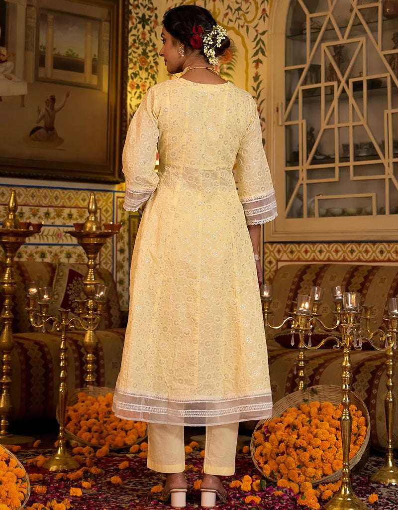 Anarkali Kurta Trouser With Dupatta Set - Yellow Pure Cotton Pant Suit for Women | Traditional Indian Ethnic Wear for Festivals, Weddings & Special Occasions
