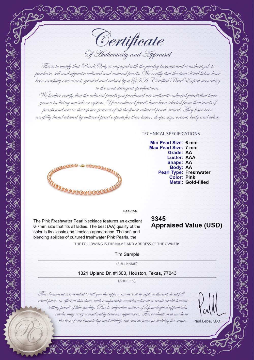 6-7mm AA Quality Pink Freshwater Cultured Pearl Necklace in Gold Filled for Women - Perfect for Weddings, Anniversaries & Special Occasions