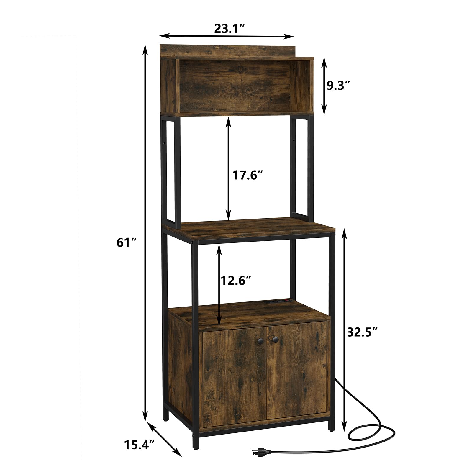Industrial 5-Tier Kitchen Bakers Rack with Power Outlet & Storage - Rustic Brown for Coffee Bar & Microwave Stand