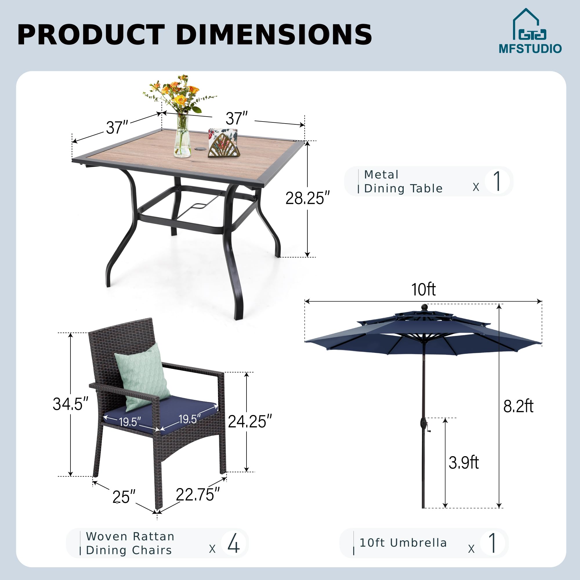 MFSTUDIO 6-Piece Outdoor Dining Set for 4 - Square Wood-Like Table with 4 Wicker Chairs & 10ft Umbrella - Patio Furniture for Backyard, Garden, Poolside Dining