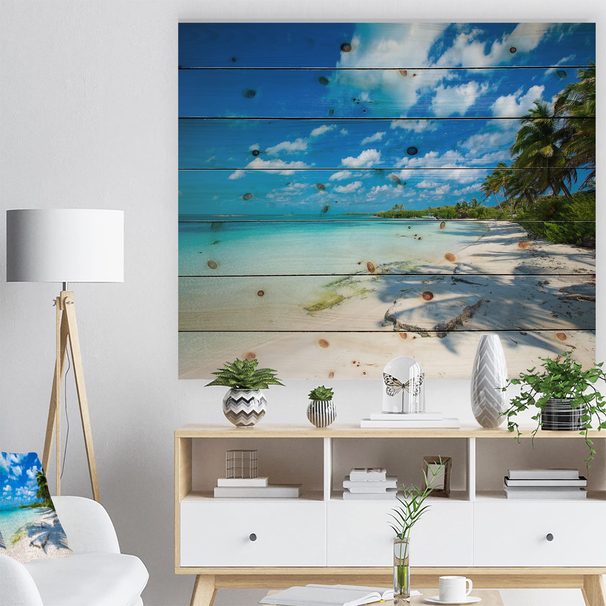 Tropical Beach Wood Wall Art - Coastal & Nautical Decor with Palm Shadows, Blue Wooden Wall Panels Printed on Natural Pine - Perfect for Beach House, Living Room, or Office Decor