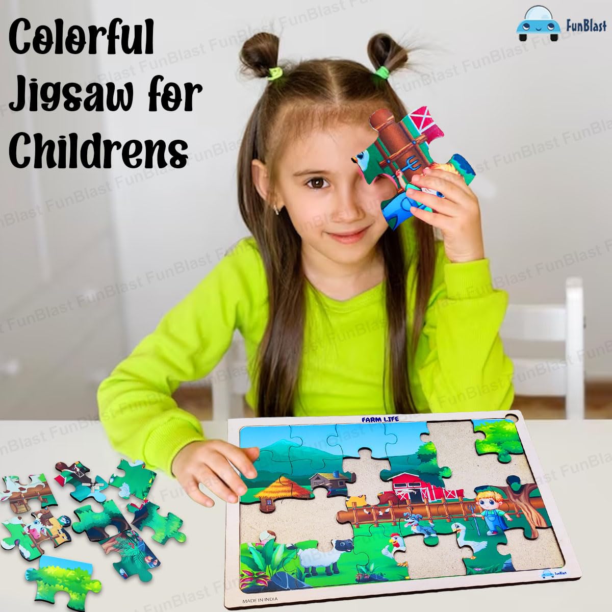 FunBlast 24-Piece Farm Life Wooden Jigsaw Puzzle for Kids Ages 3-5 - Educational Learning Toys for Toddlers, Floor & Tabletop Puzzle Games for Preschool Classroom or Home Playtime