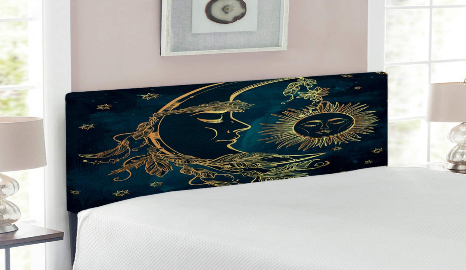 Ambesonne Psychedelic Bohemian Headboard - Crescent Moon with Boho Feathers & Egyptian Myth Design | Upholstered Metal Bed Headboard with Memory Foam | Queen Size in Yellow Petrol Blue | Perfect for Boho Chic Bedrooms & Meditation Spaces