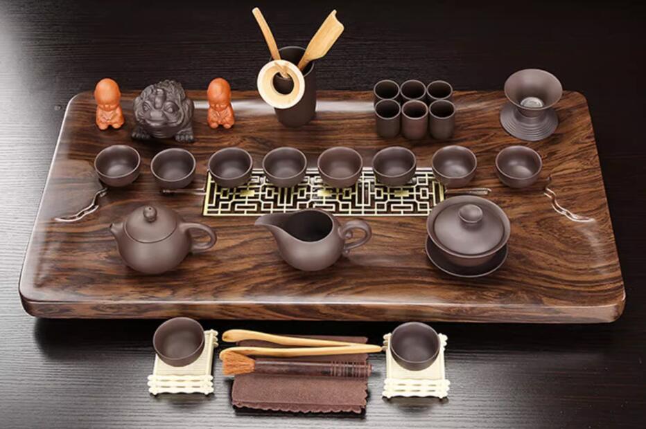 Premium Purple Clay Kungfu Tea Set with Ebony Tea Tray - Authentic Chinese Yixing Teapot & Cups for Gongfu Tea Ceremony - Perfect for Home, Office & Meditation Use