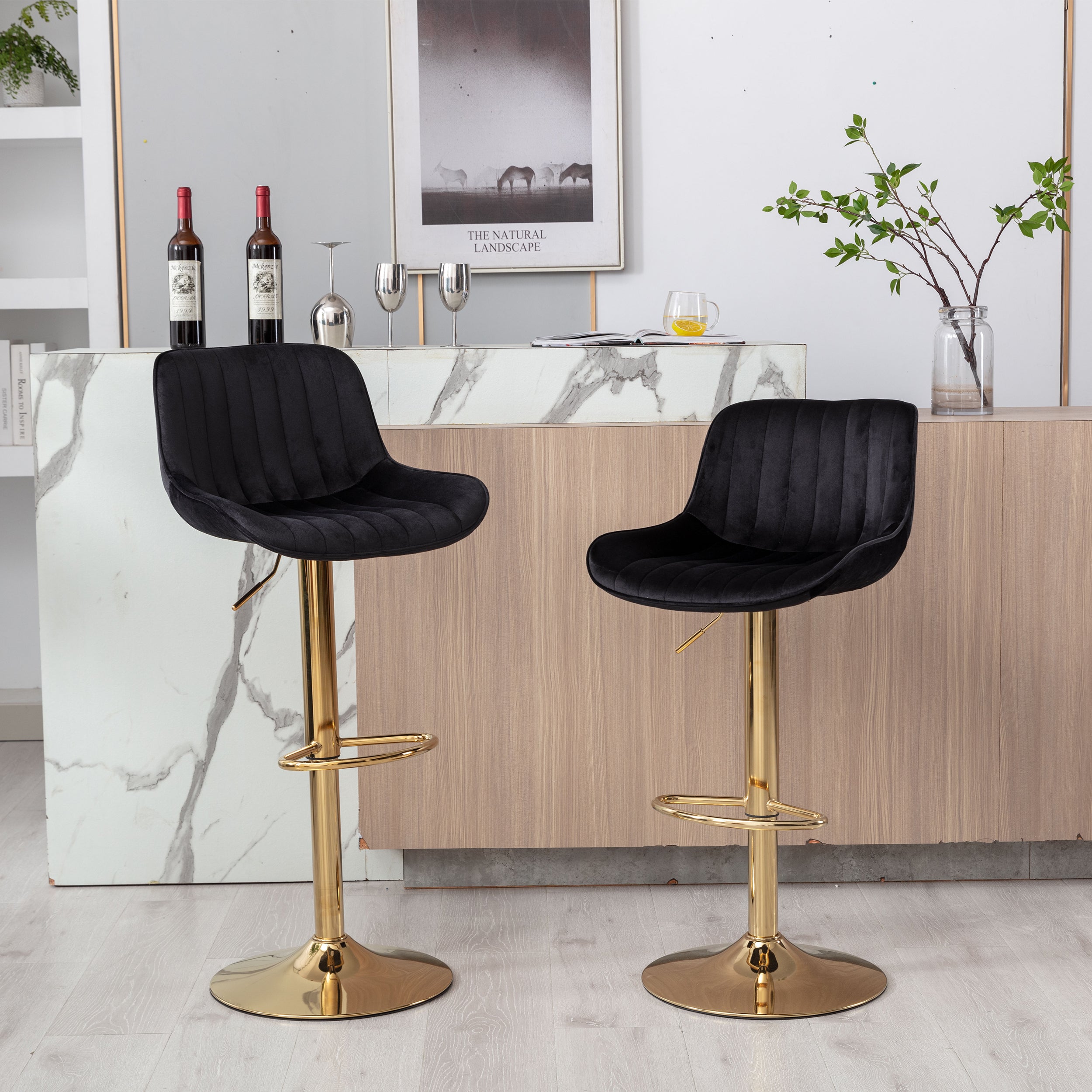 **Adjustable Chrome Footrest Swivel Bar Stool Set of 2 - Black Velvet Seat with Golden Legs for Kitchen Counter, Home Bar & Dining Room**