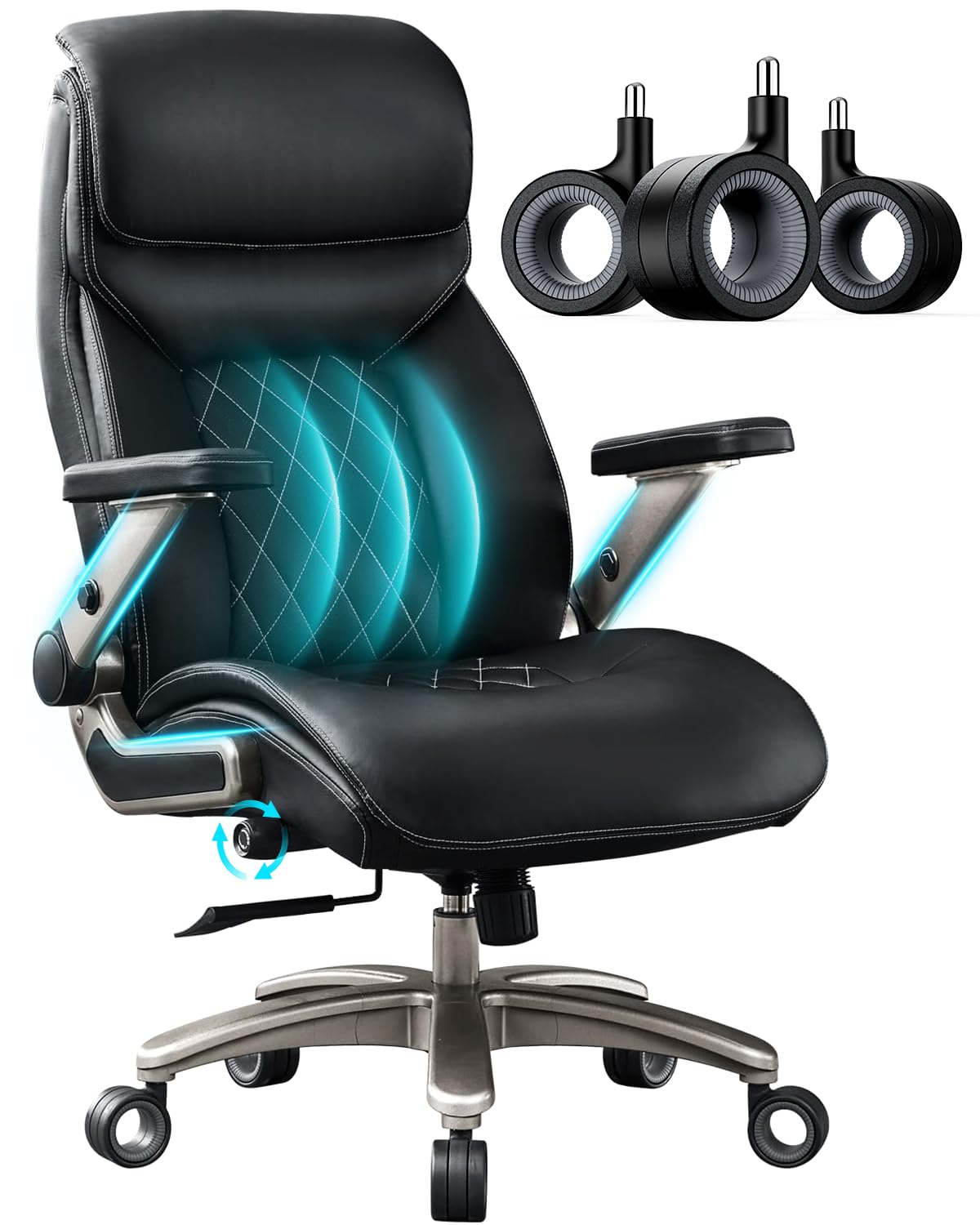 600LBS Heavy Duty Big and Tall Office Chair with 5D Flip Arms - PU Leather Executive Chair with Adjustable Lumbar Support & 3'' Wheels - Ergonomic Managerial Desk Chair for Home & Office Use - Perfect for Long Work Hours & Gaming Sessions