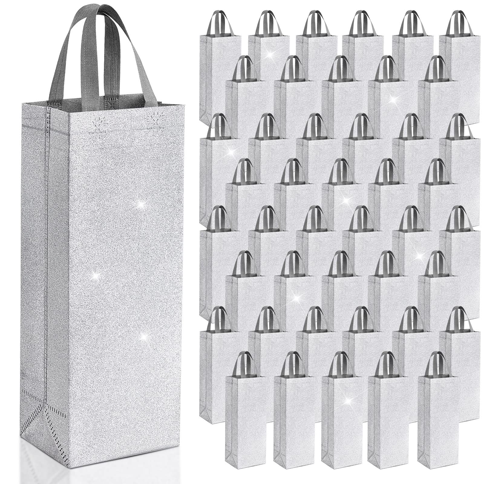 Woanger 48 Pcs Reusable Metallic Glitter Wine Gift Bags with Handles - Non Woven Bottle Bags for Holiday Gifts, Wedding Favors, Housewarming Parties & Special Occasions | Perfect for Christmas, Anniversary & Birthday Celebrations