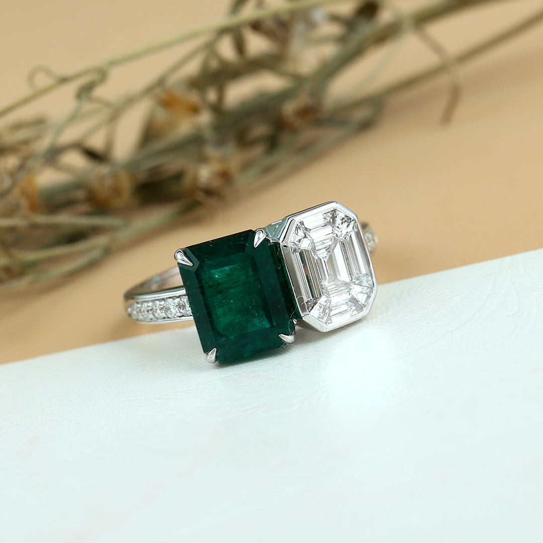Emerald Cut Natural Emerald Solitaire Diamond Ring in 14K White Gold - Elegant Engagement & Wedding Jewelry for Women