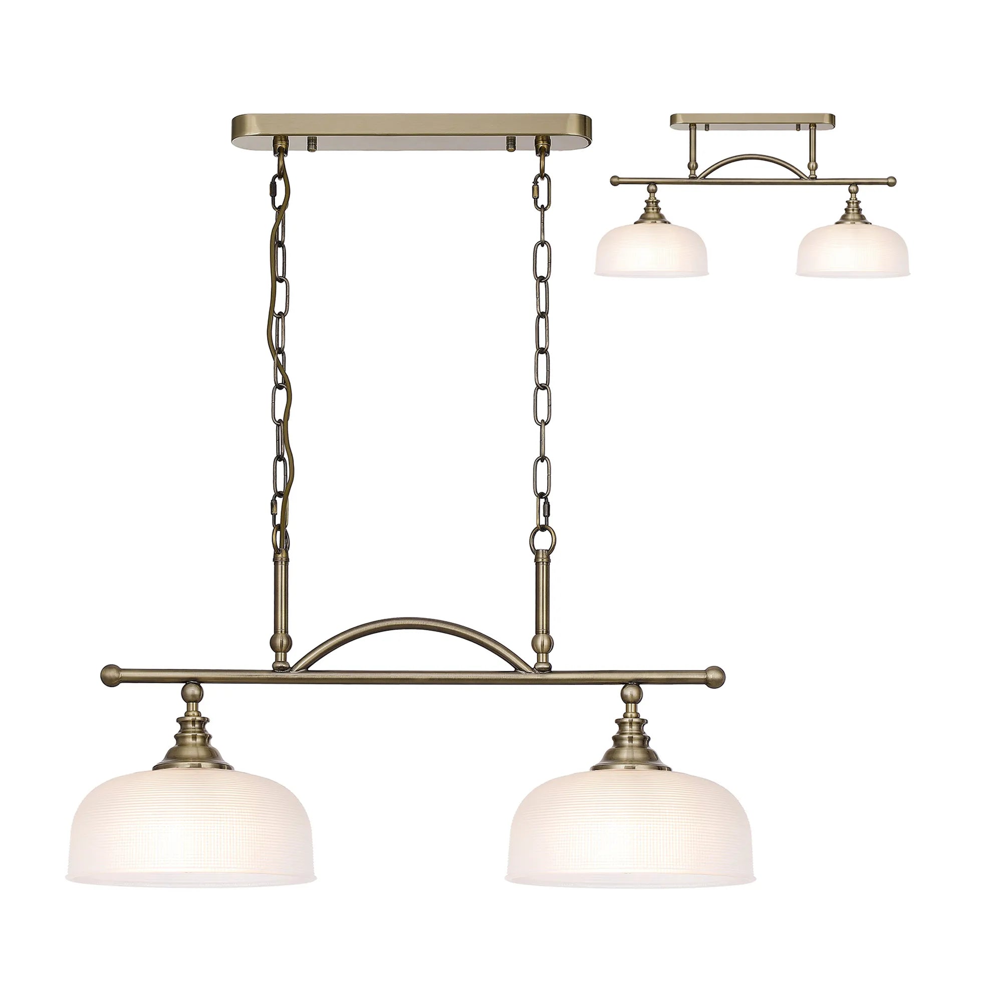 Cleron Semi Flush Mount Ceiling Light - Adjustable 2/3 Light Kitchen Lighting Fixture with E27 Socket in Satin Nickel, Polished Nickel & Antique Brass Finish - Prismatic Glass Shade for Dining Room, Bedroom or Hallway Lighting