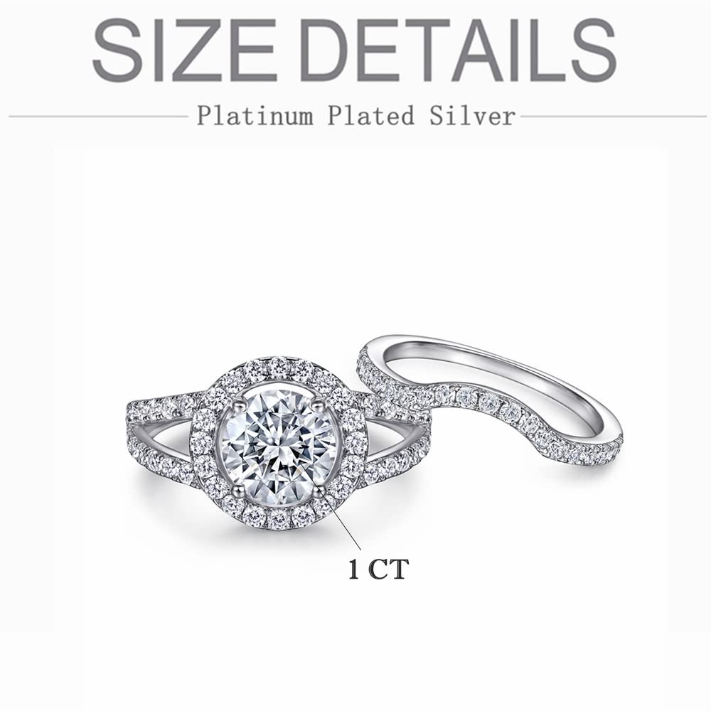 1 Carat Moissanite Wedding Ring Set for Women - Platinum Plated Silver Bridal Set with Engagement & Promise Rings - Anniversary Gift with Text Engraving - Perfect for Proposals, Weddings & Romantic Occasions