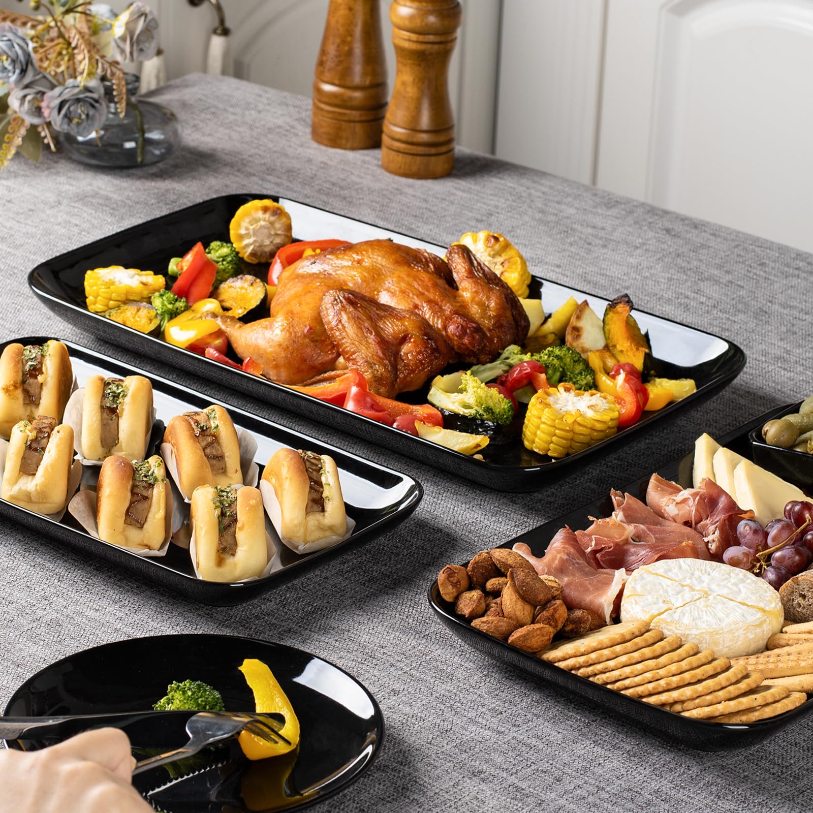 Delling Large Serving Platter Set - 16/14/12 Inch Black Rectangular Trays for Parties, Entertaining, Thanksgiving & Christmas | Microwave, Dishwasher & Oven Safe | Perfect for Holiday Dinners, Buffets & Family Gatherings