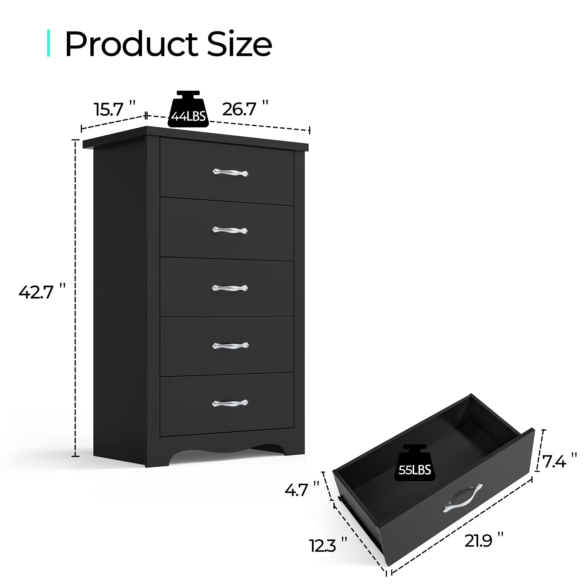 LINSY HOME 5-Drawer Dresser for Bedroom - Modern Wooden Storage Chest with Wide Drawers, Black Dresser for Nursery, Kids Room & Living Room | Space-Saving Organizer for Clothes, Toys & Bedroom Essentials