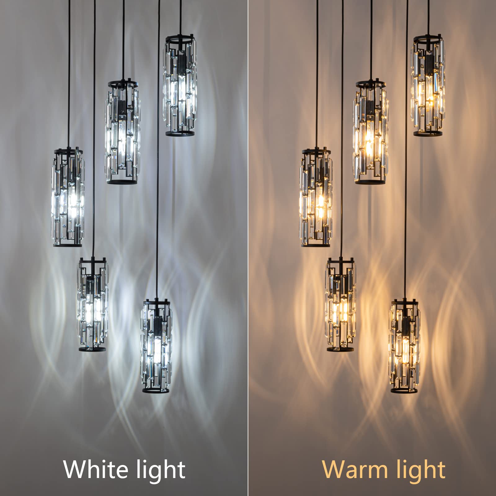 LMQNINE Modern Black Pendant Light Fixture - Adjustable 5-Light Mini Crystal Chandelier for Kitchen Island, Dining Room, Bedroom - Elegant Ceiling Lighting for Home Decor & Interior Design (Black 5-Light)
