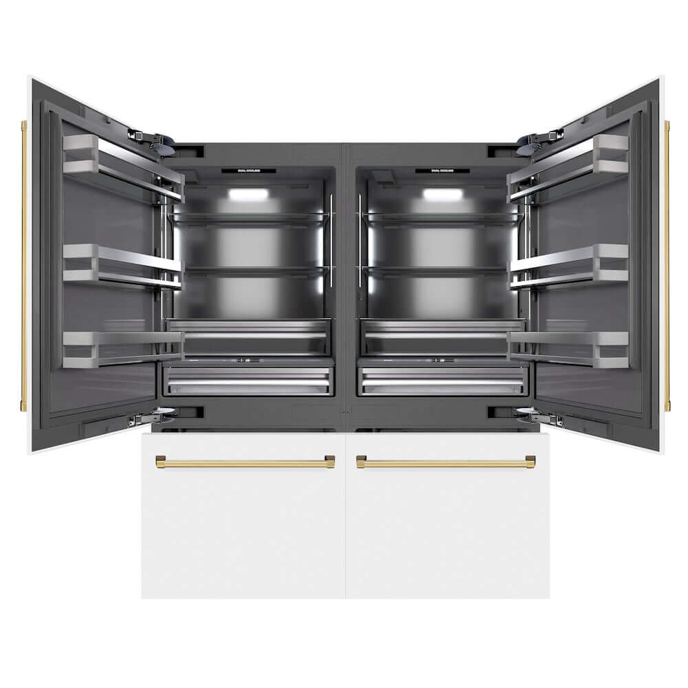 ZLINE Autograph Edition 72-Inch Built-In French Door Refrigerator - 39.6 cu ft Capacity, Bottom Freezer, Water Dispenser & Ice Maker - White Matte Exterior with Graphite Gray Interior & Polished Gold Accents (GRBITZ WM 72 G) - Perfect for Luxury Kitchens and Modern Home Design