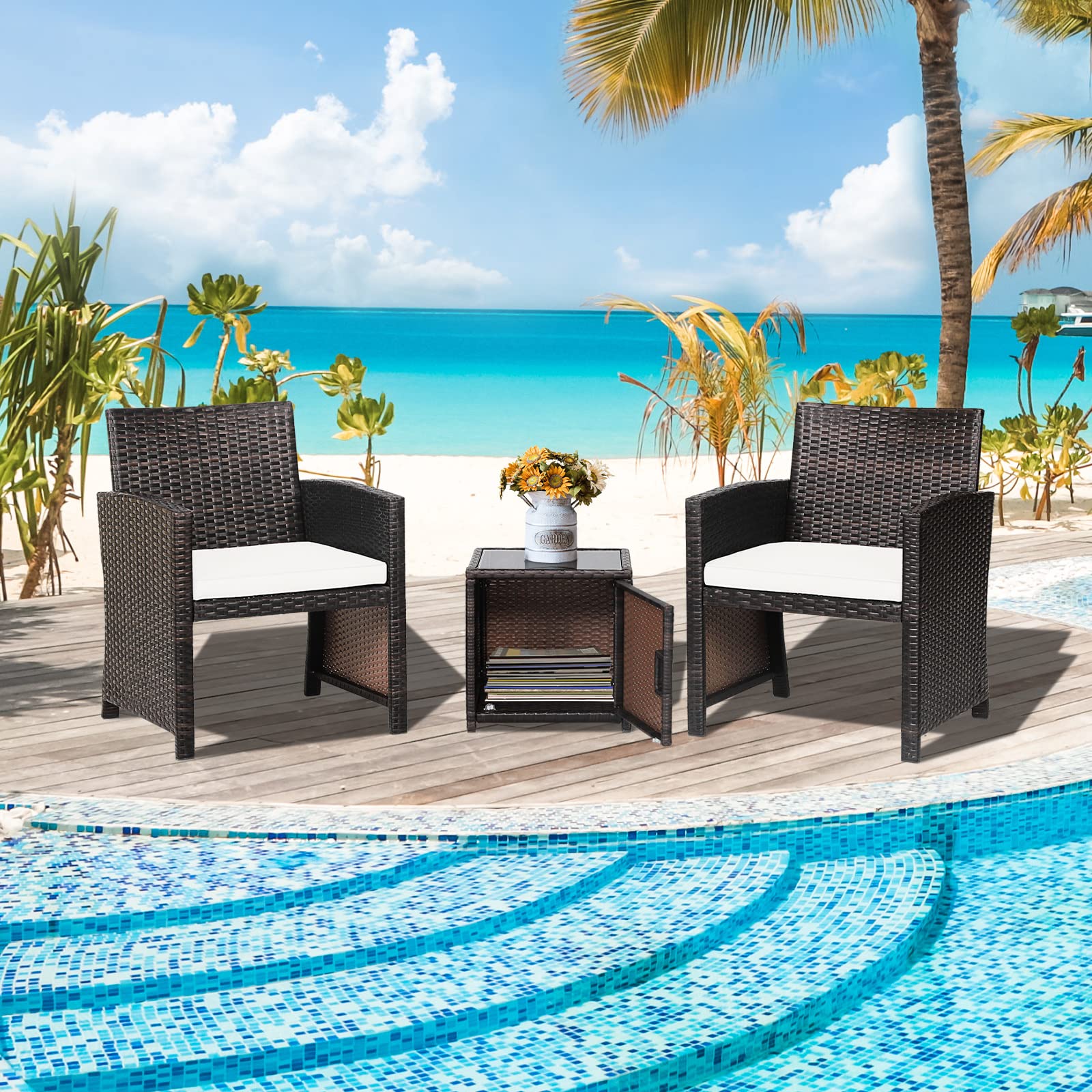 RELAX4LIFE 3-Piece PE Rattan Outdoor Patio Furniture Set with Cushions & Storage Coffee Table - White Wicker Bistro Conversation Set for Porch, Deck, Balcony, Poolside - Perfect for Relaxing, Entertaining & Outdoor Dining