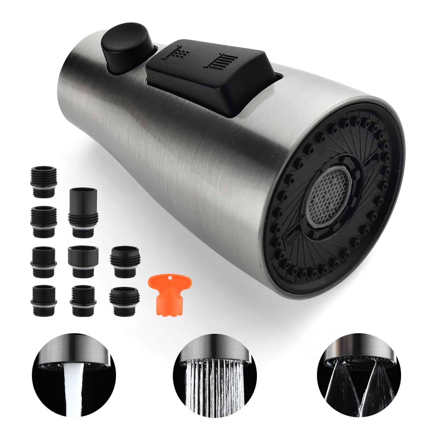 Upgraded GORDEE 3-Function Kitchen Faucet Sprayer Head Replacement - Stream/Spray/Blade Modes, 1.8 GPM Flow Rate with Check Valve & 9 Adapters for Universal Fit - Brushed Nickel Finish | Perfect for Dishwashing, Sink Cleaning & Food Prep