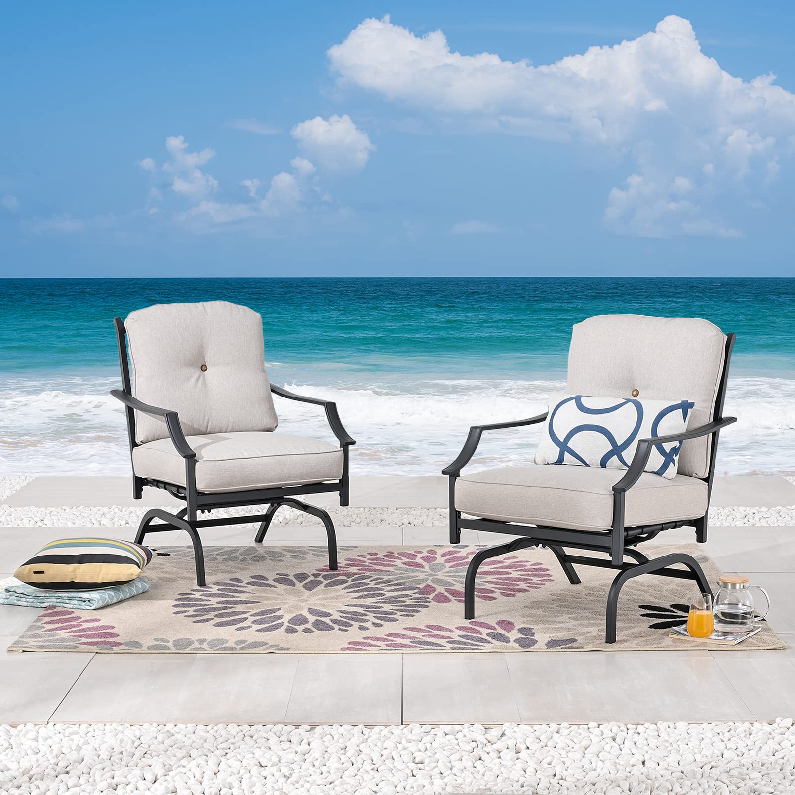 Festival Depot Patio Bistro Dining Chairs Set of 2 - Outdoor Furniture with Steel Frame, Armrests & Cushions (Beige) - Perfect for Garden, Patio, Poolside & Restaurant Use