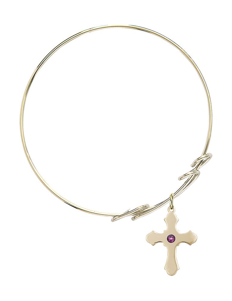 8 Inch Round Double Loop Bangle Bracelet with Cross Charm & February Birthstone Purple Crystal - Elegant Jewelry for Women, Perfect for Gifts, Parties, and Everyday Wear