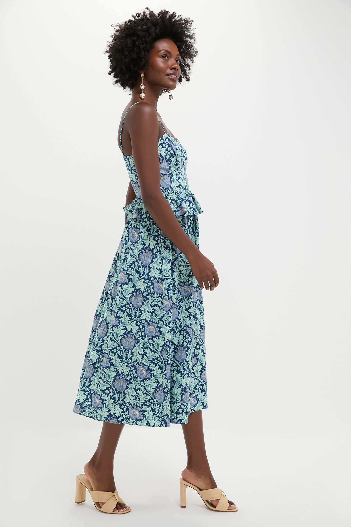 Blue Leafy Floral Maeve Midi Dress - Women's Boho Summer Dress for Beach, Vacation & Casual Outings