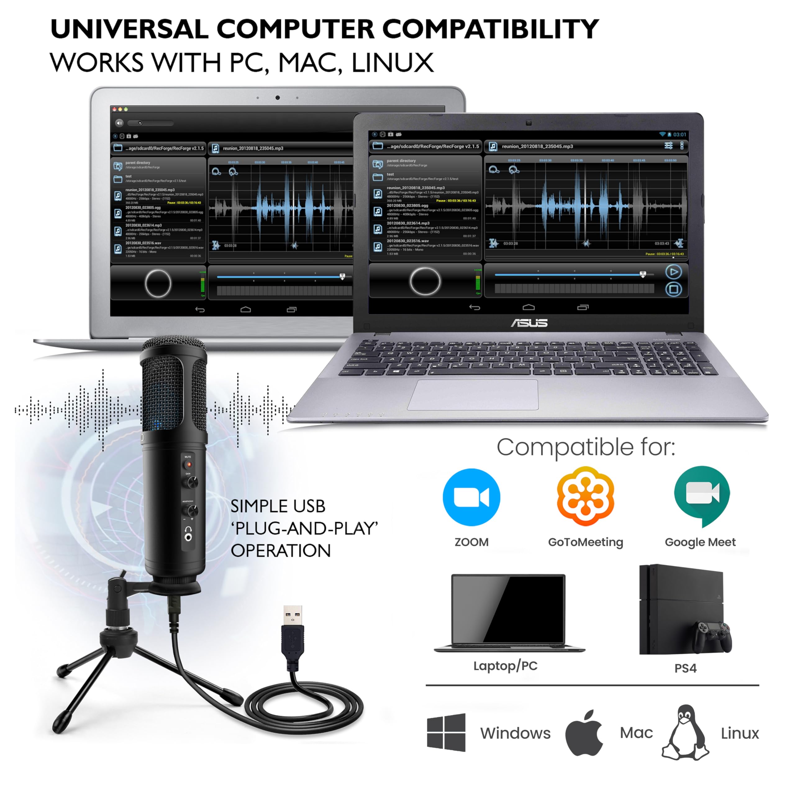 Professional USB Condenser Microphone with Blue LED, Adjustable Gain & Mute Control - Studio Quality PC Mic with Headphone Jack & Tripod Stand for Podcasting, Streaming, Gaming, Voice Recording & Home Studio Setup