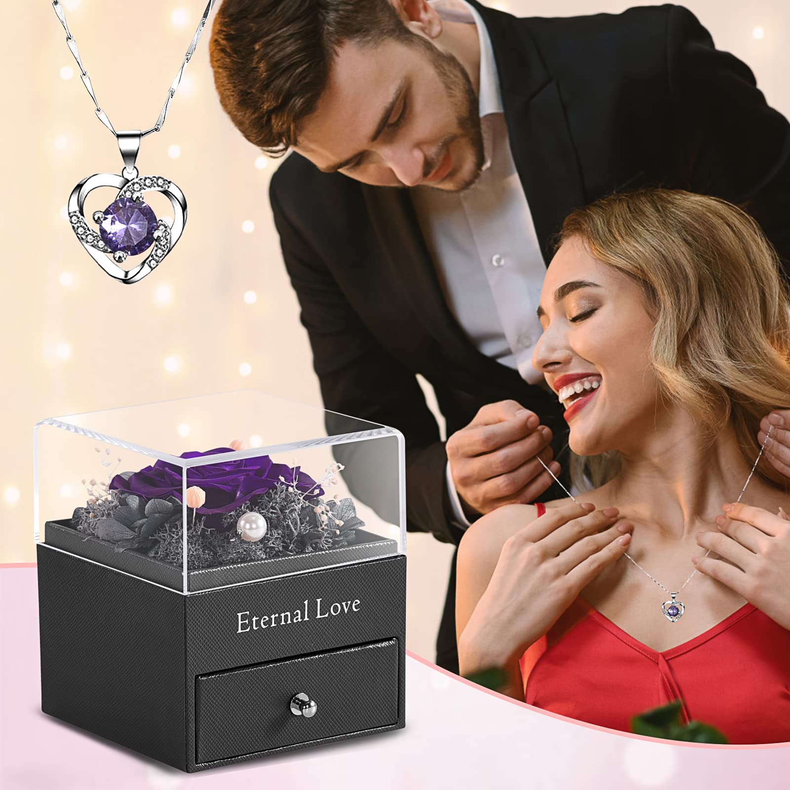 SHOKUTO Preserved Rose Jewelry Box with Necklace - Romantic Birthday Gift for Women, Mom, Girlfriend, Wife, Daughter, Sister - Perfect for Valentine's Day, Anniversary & Special Occasions
