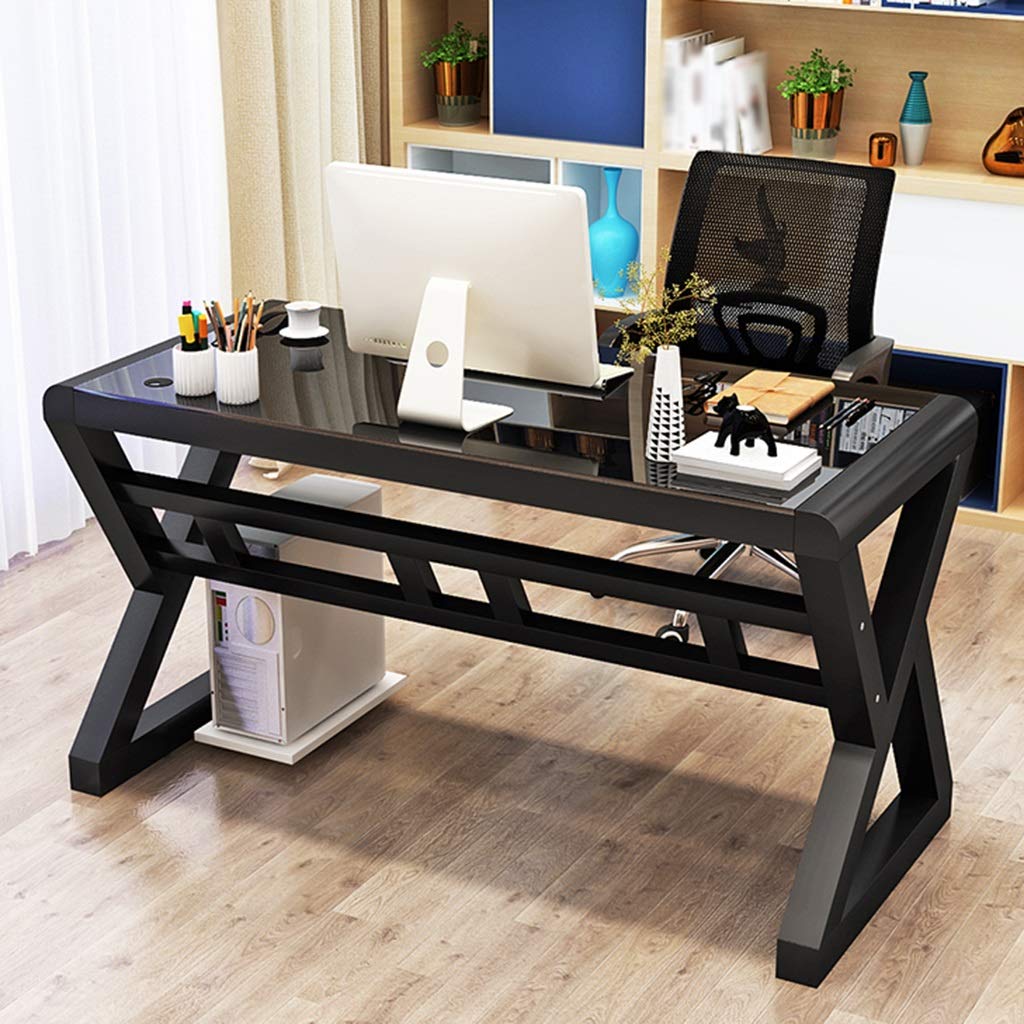 Modern Simple Computer Desk - Tempered Glass Office Desk with Cable Management Hole, Home Study Workstation (Black, 100x60x75cm) - Perfect for Home Office, Gaming & Remote Work