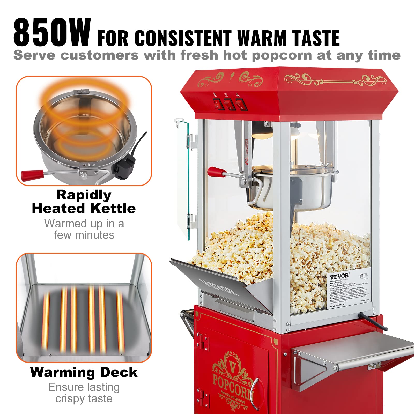 VEVOR 8 Oz Commercial Popcorn Machine - 850W Theater Style Popper with Wheels, Makes 48 Cups per Batch - 3-Switch Control, Steel Frame & Tempered Glass Doors - Includes Scoop & Spoons - Perfect for Movie Theaters, Carnivals, and Home Theater Snack Bars