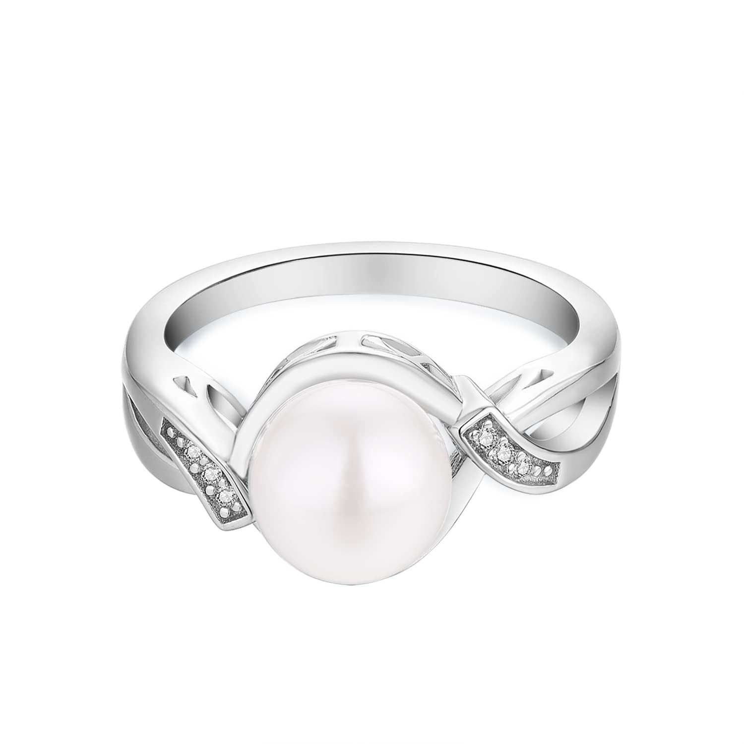 JO WISDOM 925 Sterling Silver Infinity Ring with 9mm White Freshwater Pearl & Cubic Zirconia - Elegant Women's Jewelry for Wedding, Anniversary, Birthday Gift (Sizes 5-10)