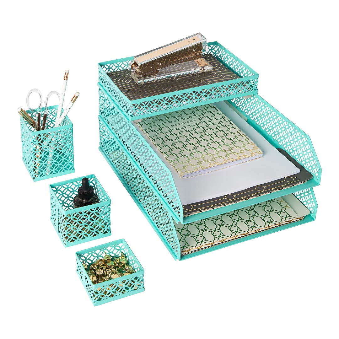 Blu Monaco 6-Piece Interlocking Aqua Desk Organizer Set - Office Desk Accessories for Pens, Paper Clips & Supplies | Perfect for Home Office, Workspace & School Organization