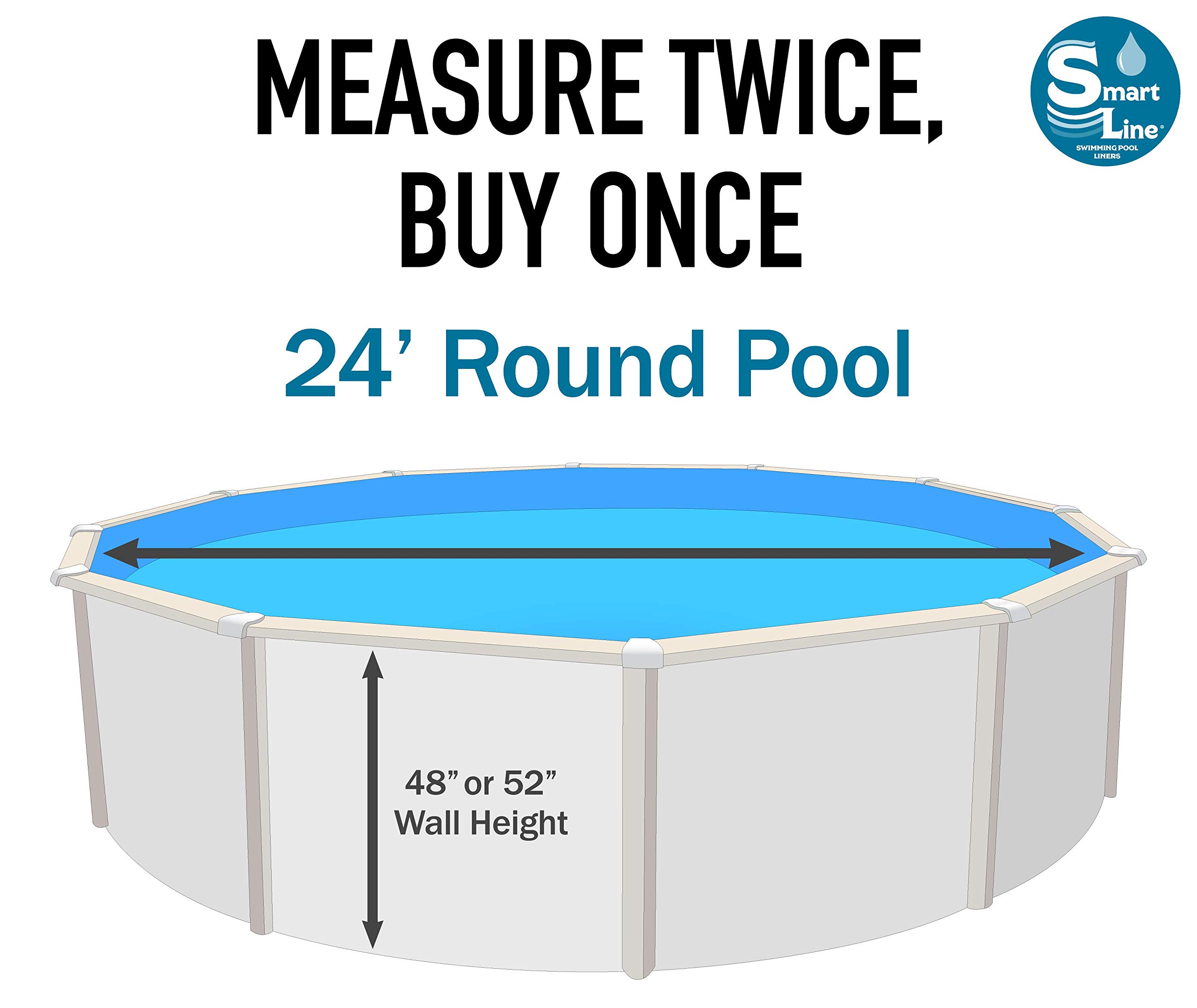 Smartline 24-Foot Round Solid Blue Pool Liner | Overlap Style | 48-52 Inch Wall Height | 30 Gauge Virgin Vinyl | for Steel Sided Above Ground Swimming Pools | Universal Gasket Kit Included | Perfect for Backyard Pool Upgrades & Summer Fun