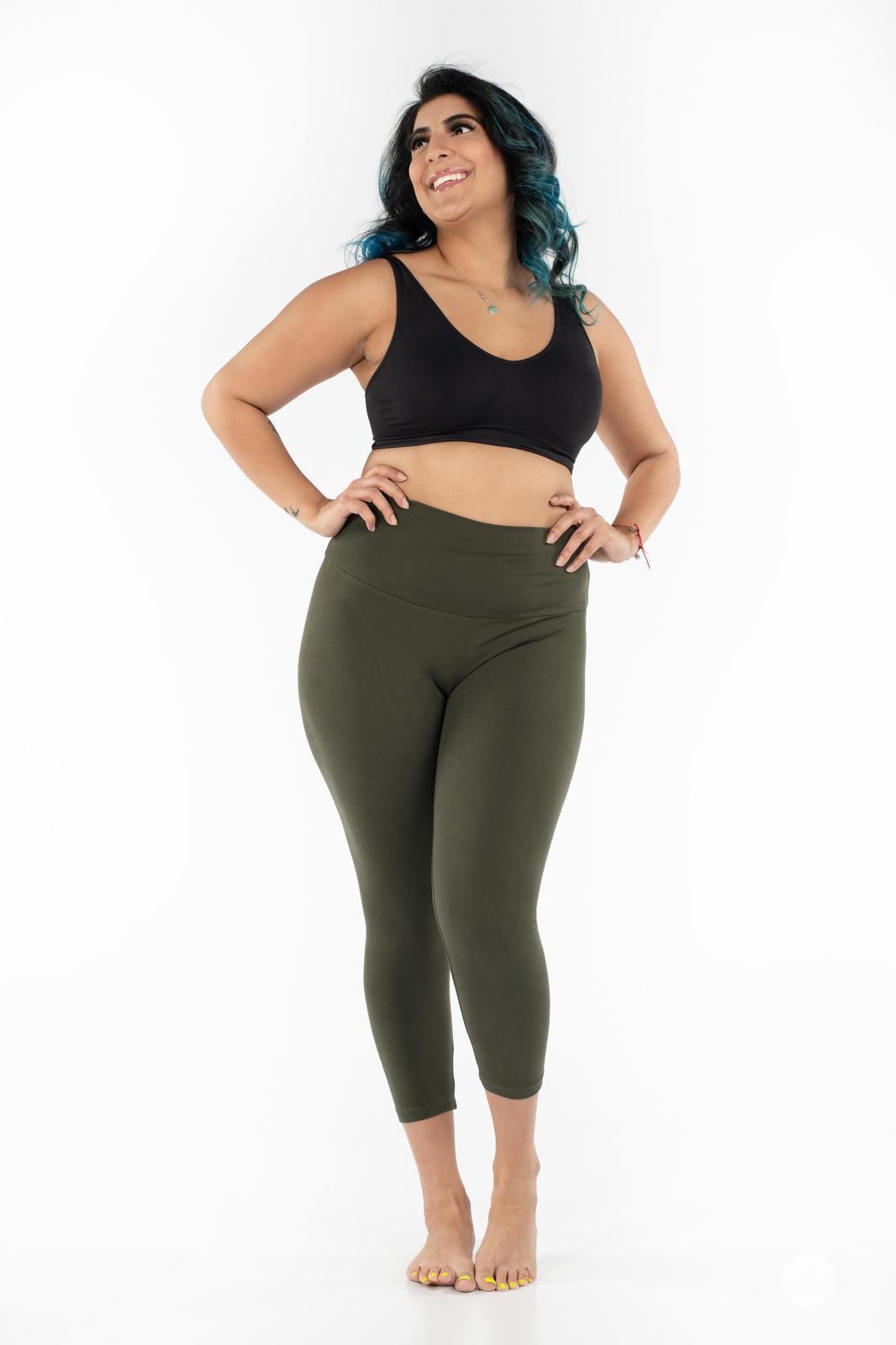 High Waisted Olive Green Wide Band Workout Crops - Perfect for Yoga, Running & Gym