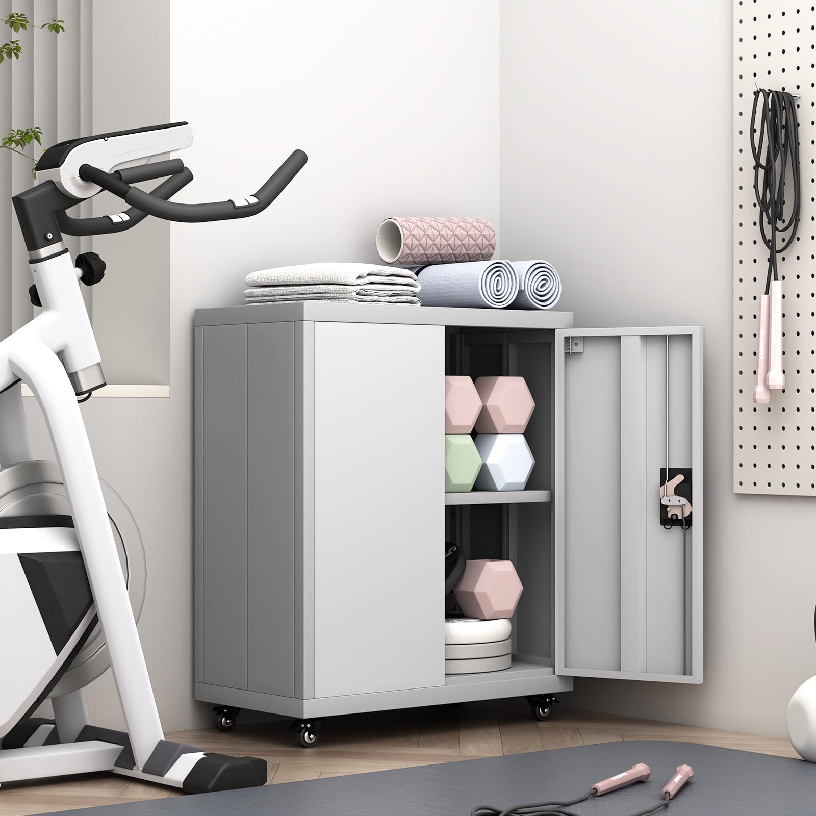 GREATMEET Rolling Garage Storage Cabinet with Wheels, Lockable Metal Utility Cabinet with Adjustable Shelves & Doors - Grey - Ideal for Garage, Home Office, Workshop & Utility Room Organization