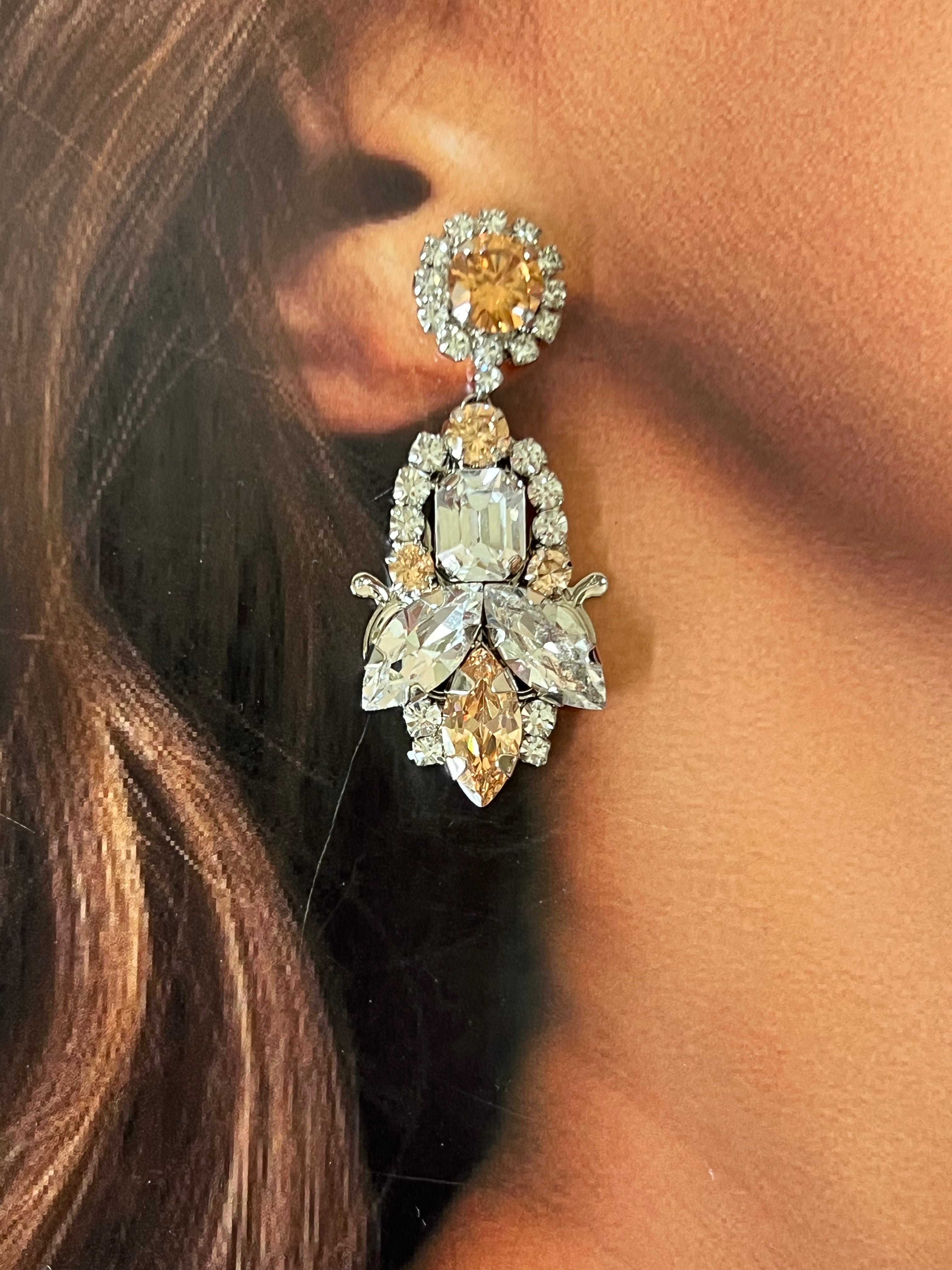 CEMILE GOLD CRYSTAL Swarovski Statement Earrings for Women - Luxury Crystal Dangle Earrings for Party, Wedding & Evening Events