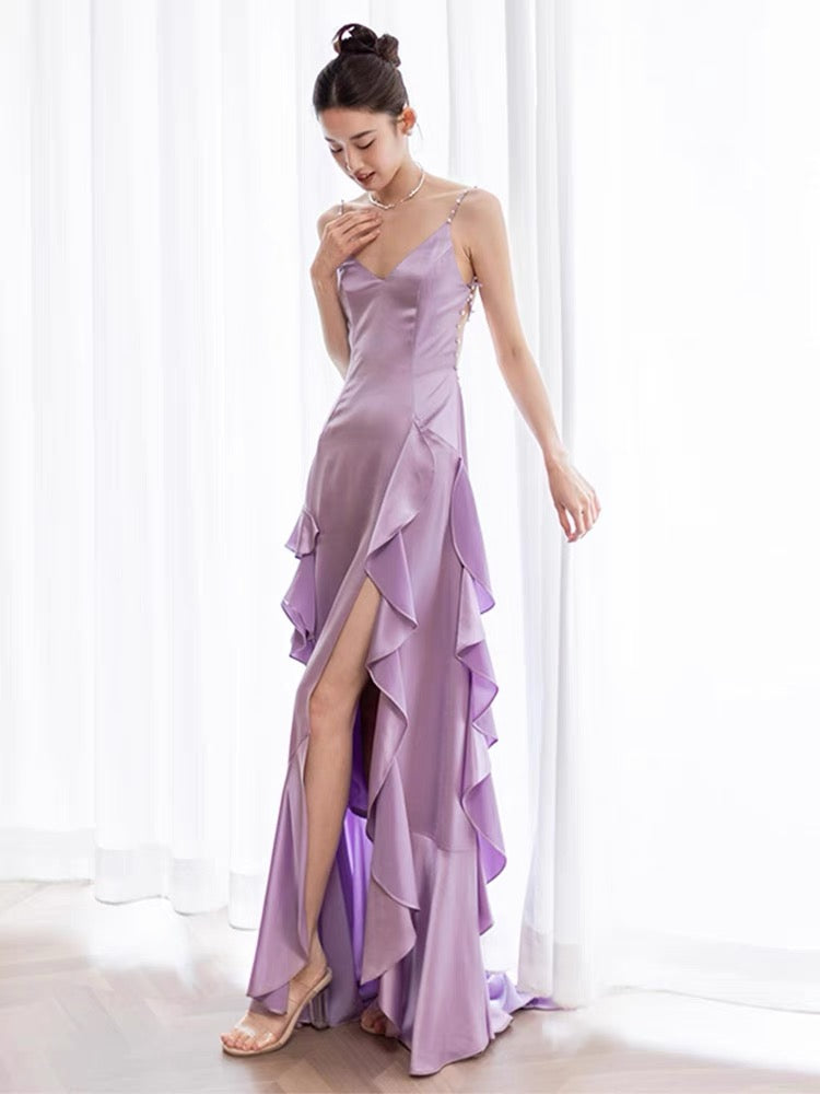Elegant Backless A-Line Ruffle Long Prom Dress - Purple Formal Evening Gown J3654 for Homecoming, Wedding & Special Occasions