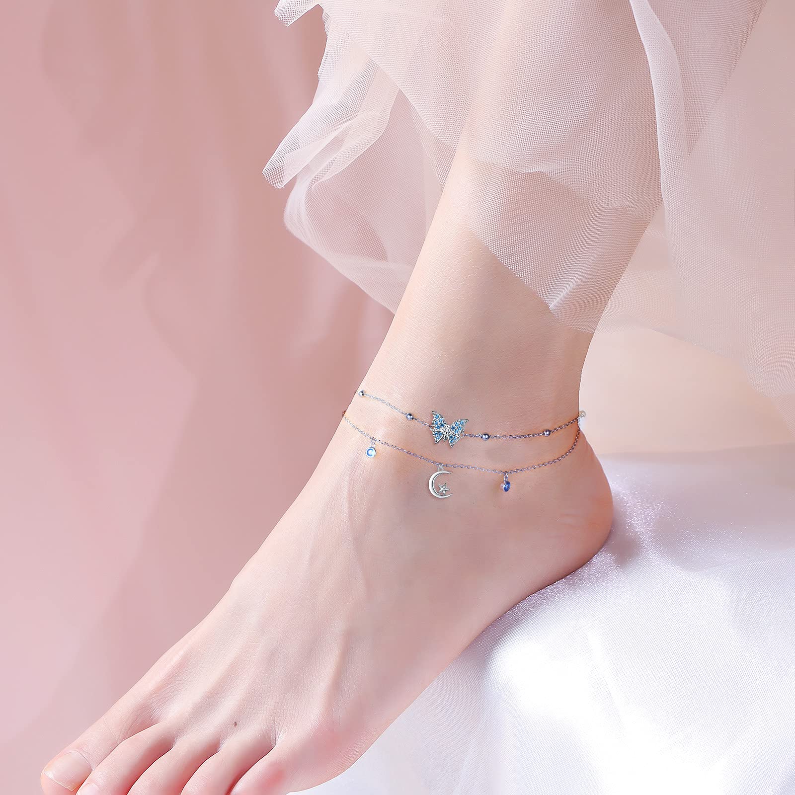 HOOHWE Sterling Silver Ankle Bracelets for Women - Adjustable Double Layered Anklet Beach Jewelry Gift for Teens & Girls | Perfect for Summer Vacations, Weddings, and Boho Fashion Accessories
