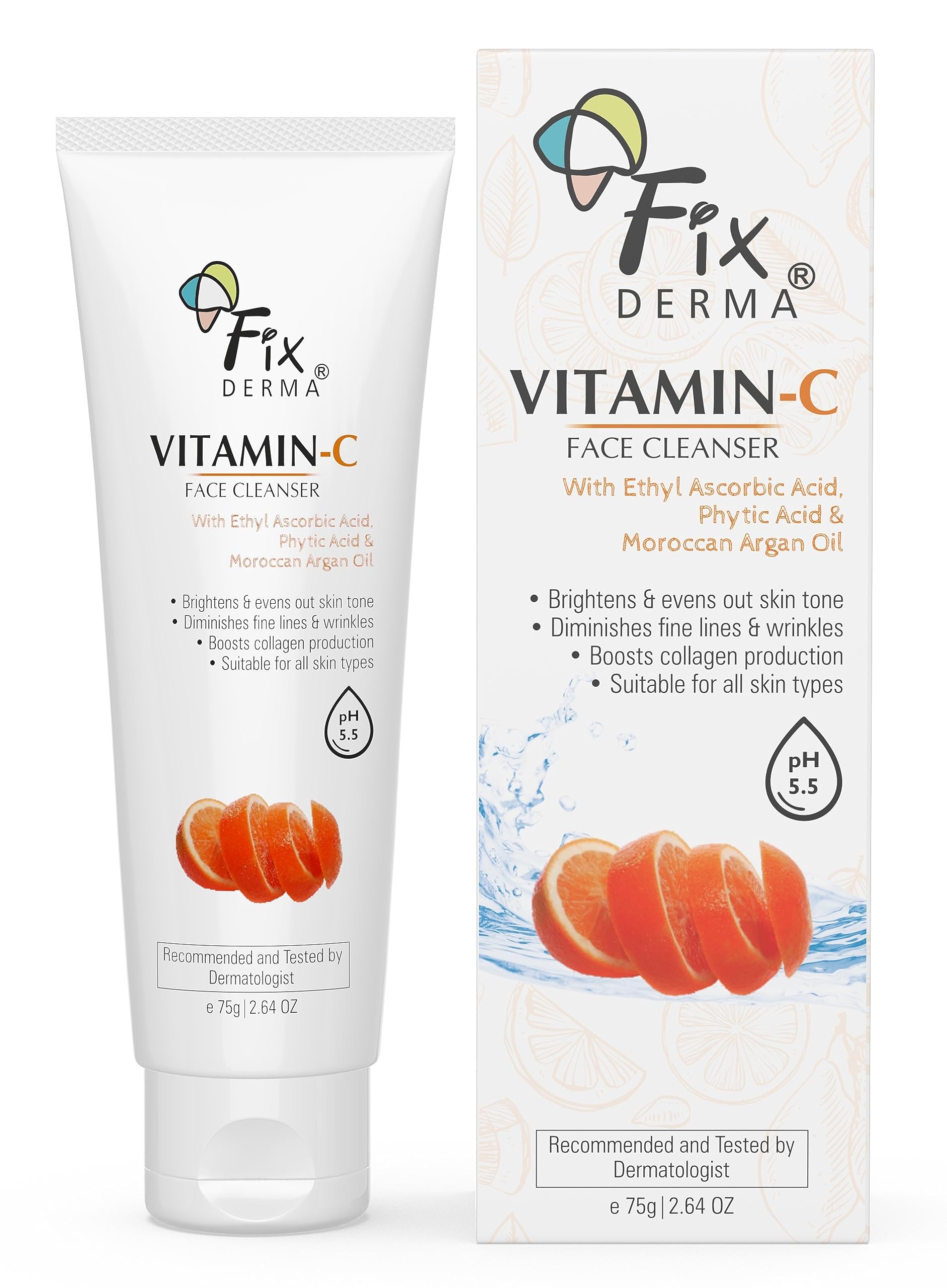 Fixderma Vitamin C Face Cleanser with Ascorbic Acid for Oily & All Skin Types | Gentle Daily Face Wash for Women & Men | Brightening & Hydrating Facial Cleanser | Perfect for Morning & Night Skincare Routine - 75g