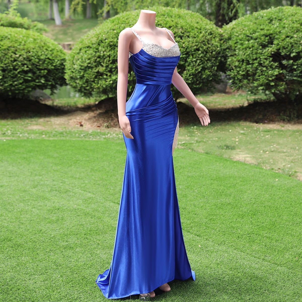 Royal Blue Mermaid Prom Dress with Spaghetti Straps & Beaded Satin - Sexy Split Skirt Evening Gown for Homecoming, Pageant & Formal Parties