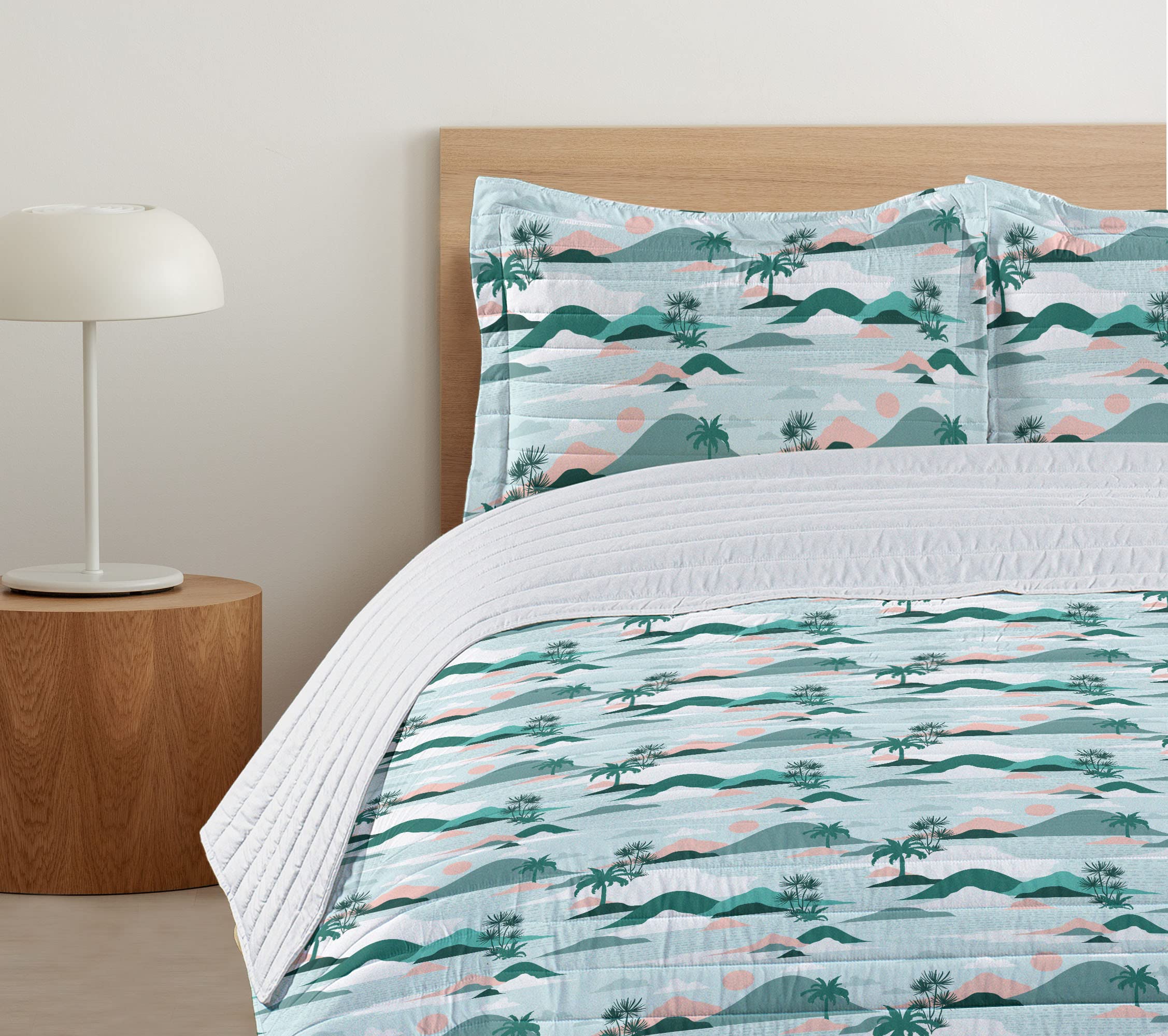 Ambesonne Hawaii King Size Microfiber Bedspread Set - Soft Pastel Palm Tree Beach Design with Pillow Shams & Comforter in Teal Blush | Tropical Bedroom Decor for Coastal & Vacation Style Homes