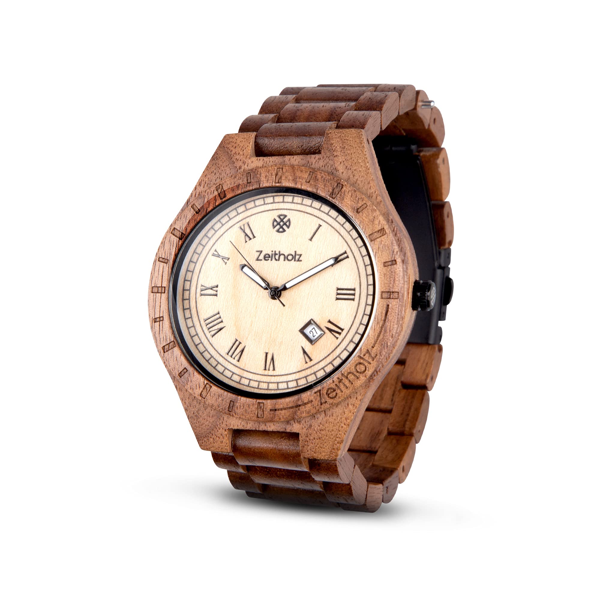 Zeitholz Men's Wooden Watch - 100% Natural Wood Analog Watch with Japanese Quartz Movement, 44mm Zittau Collection - Perfect Gift for Men, Ideal for Casual, Business & Outdoor Activities