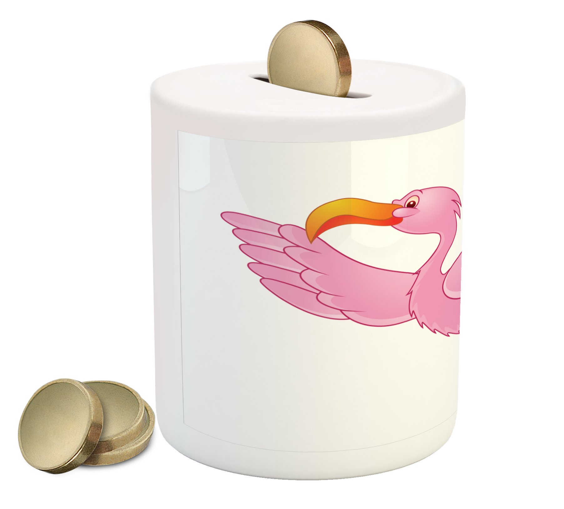 Ambesonne Ceramic Piggy Bank with Flying Tropical Flamingo Design - Orange & Pink Cartoon Style Money Box for Cash Savings | Perfect Gift for Kids, Teens & Animal Lovers | Home Decor, Birthday Present, Savings Jar