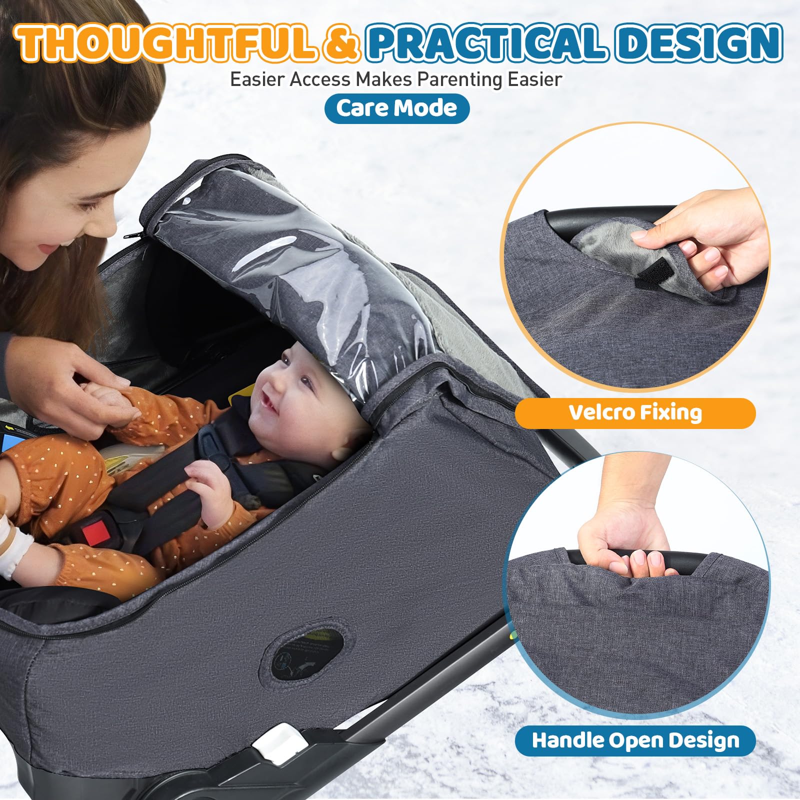 Universal Winter Baby Car Seat Cover with Clear Peek Window - Waterproof Snow Wind & Rain Protection - Zipper Door & Side Ventilation - Machine Washable Grey - Perfect for Strollers, Shopping & Outdoor Adventures