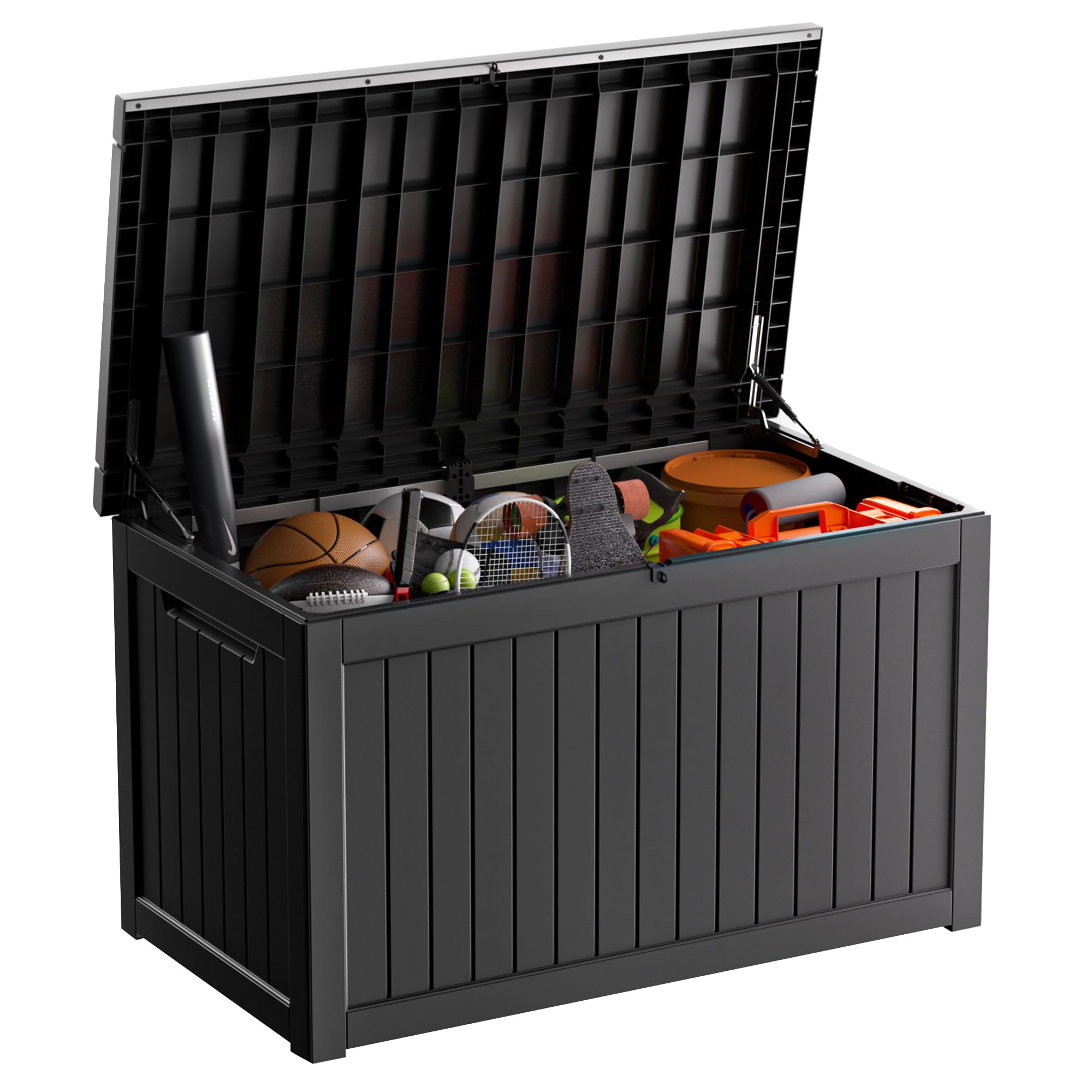 DRATO 230 Gallon Large Outdoor Deck Box - Waterproof Resin Storage Container with Lockable Lid for Patio Furniture Cushions, Garden Tools, Sports Equipment (Black) - Perfect for Backyard, Poolside & Garage Organization