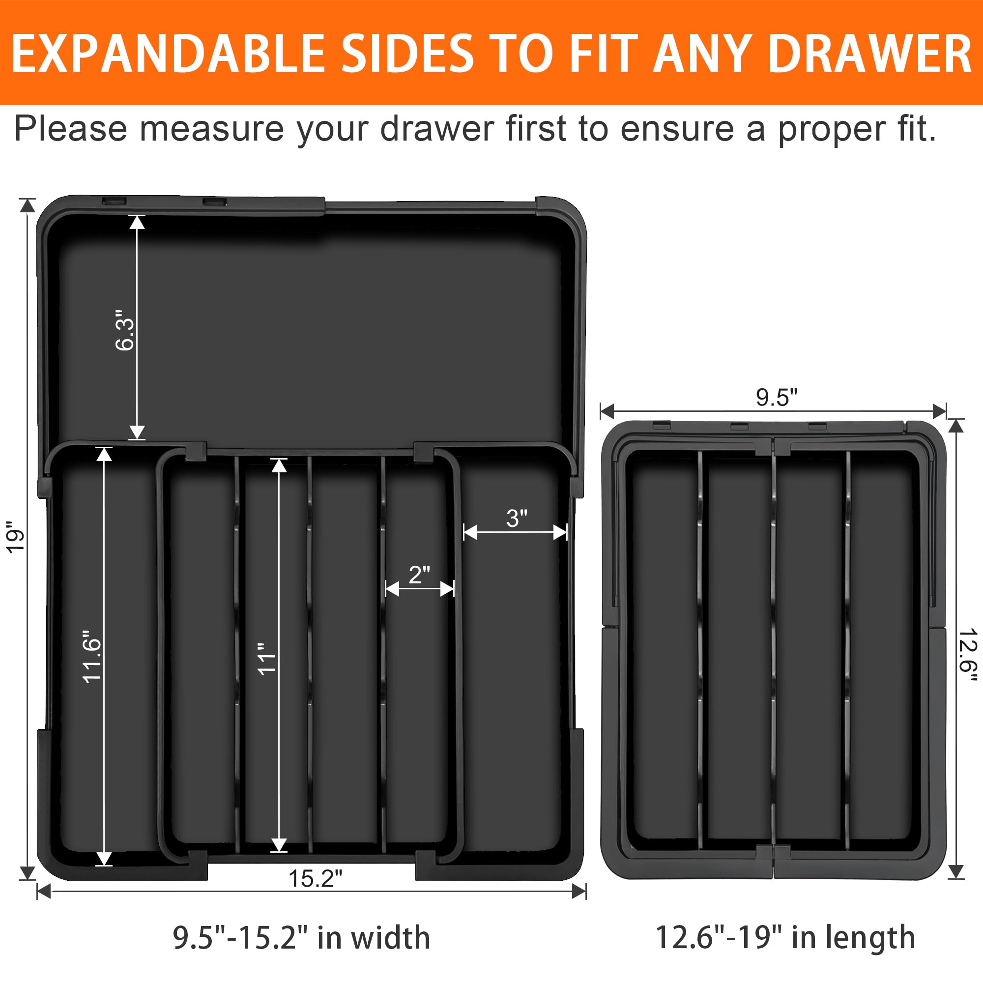 Expandable Silverware Organizer - Adjustable Utensil Drawer Tray for Spoons, Forks & Knives - Kitchen Storage Solution for Flatware & Cutlery - Perfect for Home, Restaurant or Office Use - Black