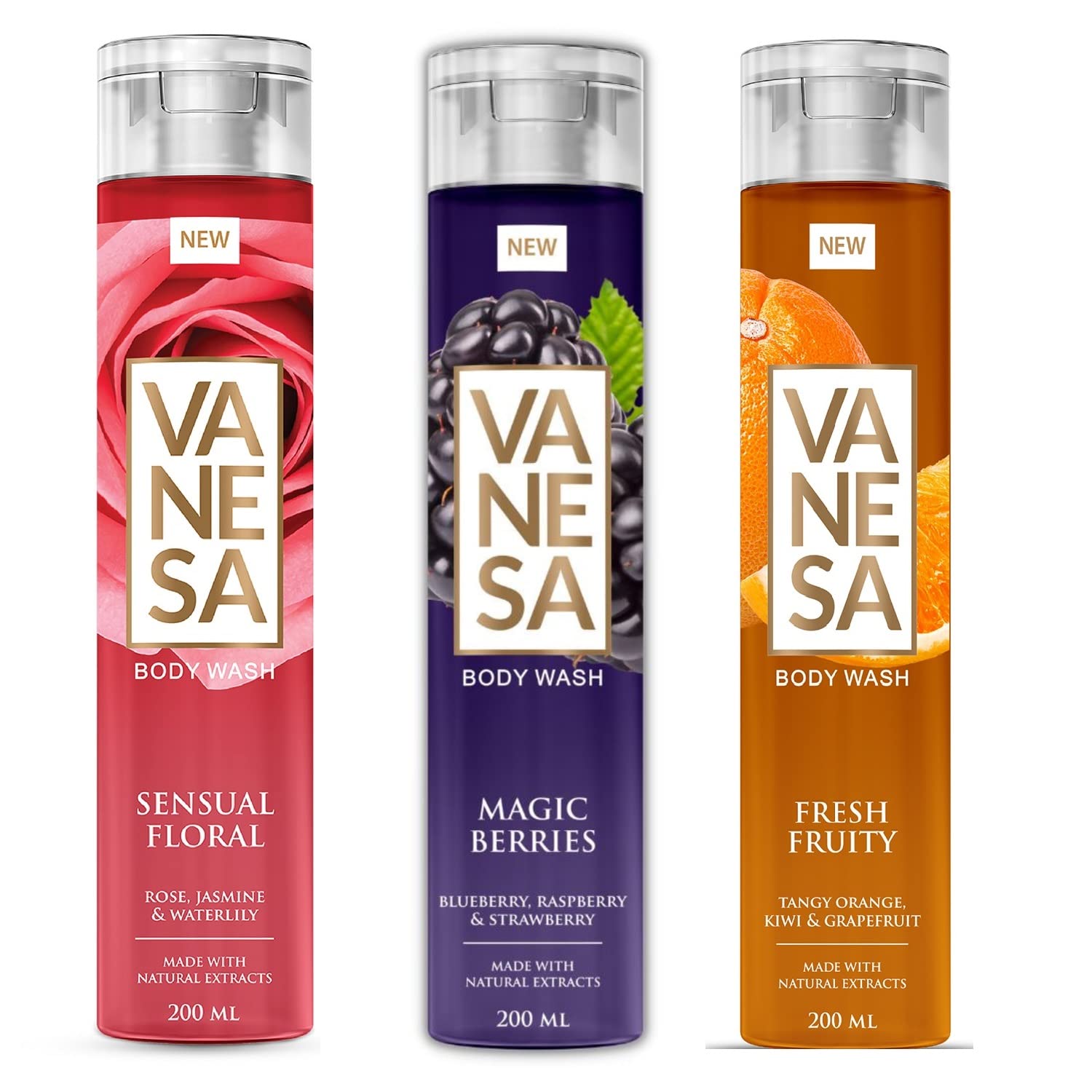 VANESA Body Wash Set of 3 (200ml Each) - Fresh Fruity, Magic Berries & Sensual Floral Scents | Natural Fruit & Floral Fragrance | Gentle Cleansing Shower Gel for Daily Hydration & Relaxation | Perfect for Morning Refreshment & Evening Wind-Down