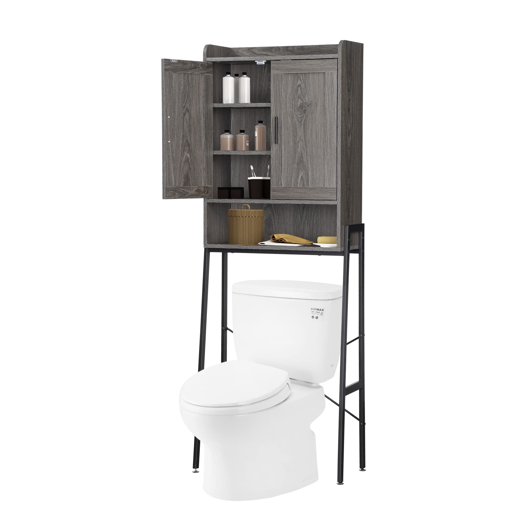 Over The Toilet Storage Cabinet with 2 Curtained Doors - Bathroom Organizer Shelf for Toiletries, Towels & Cosmetics - Space-Saving Washroom Storage Solution for Small Bathrooms & Apartments
