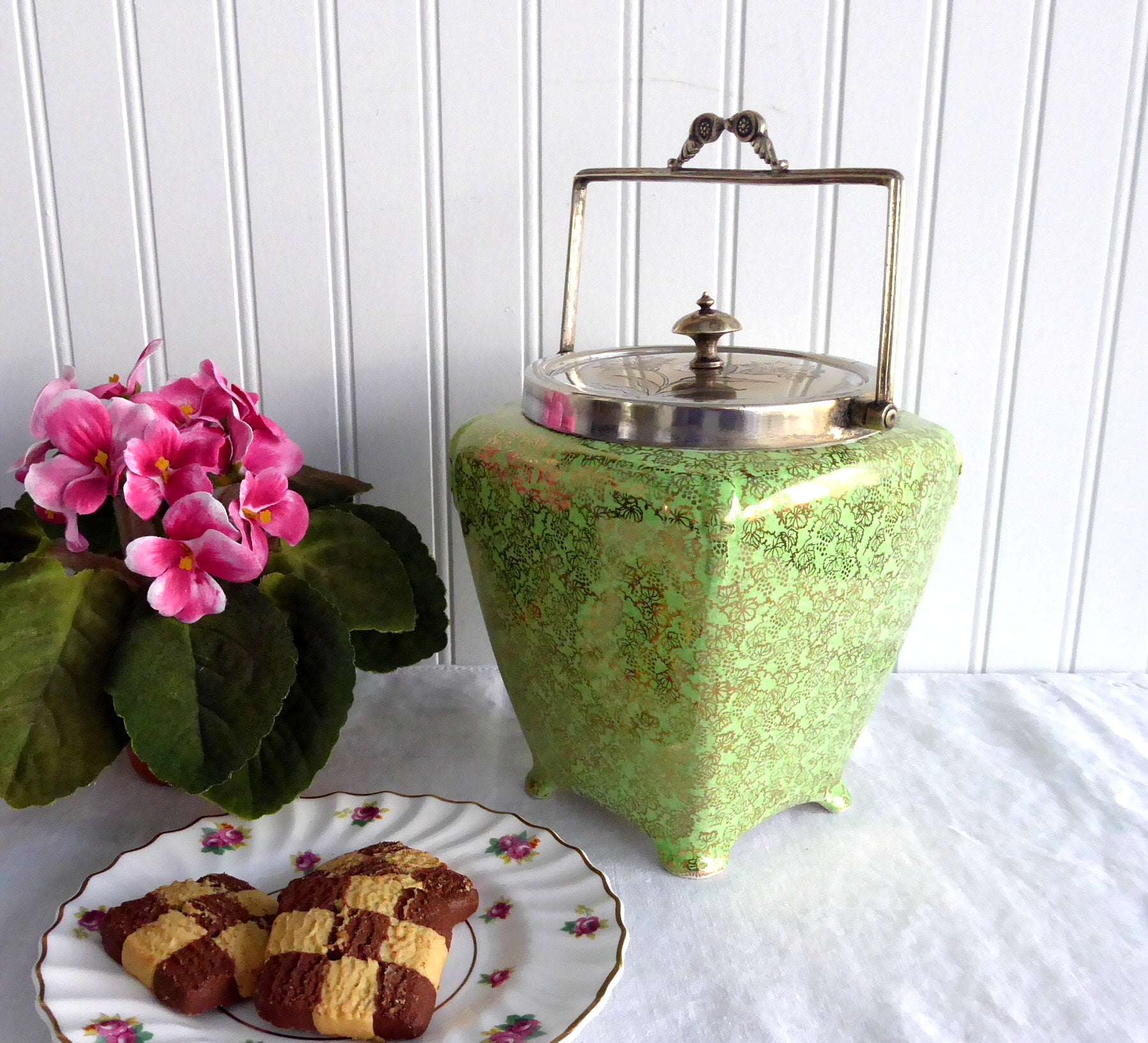 Vintage 1940s English Brama Gold Green Chintz Floral Biscuit Barrel - Midwinter Cookie Jar for Tea Time & Kitchen Decor