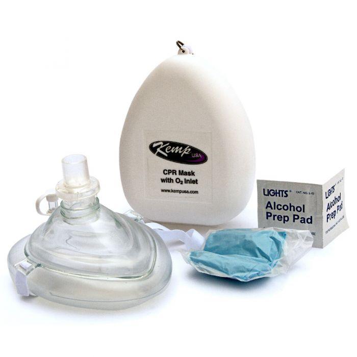 Kemp USA CPR Mask with Oxygen Inlet, Adjustable Head Strap, Disposable Gloves & Cleaning Wipes - First Aid Kit for Emergency Rescue, First Responders & Home Safety