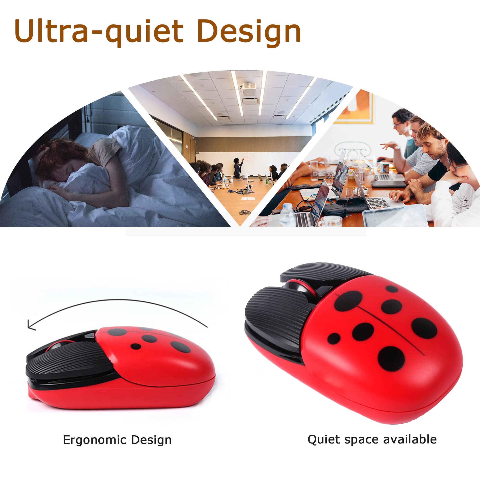 Wireless Bluetooth Mouse - Rechargeable 2.4G USB Optical Mouse with 1600 DPI, Low Noise, Cute Ladybug Design for Computer, Laptop, PC, Mac - Perfect for Office Work, Online Classes & Gaming